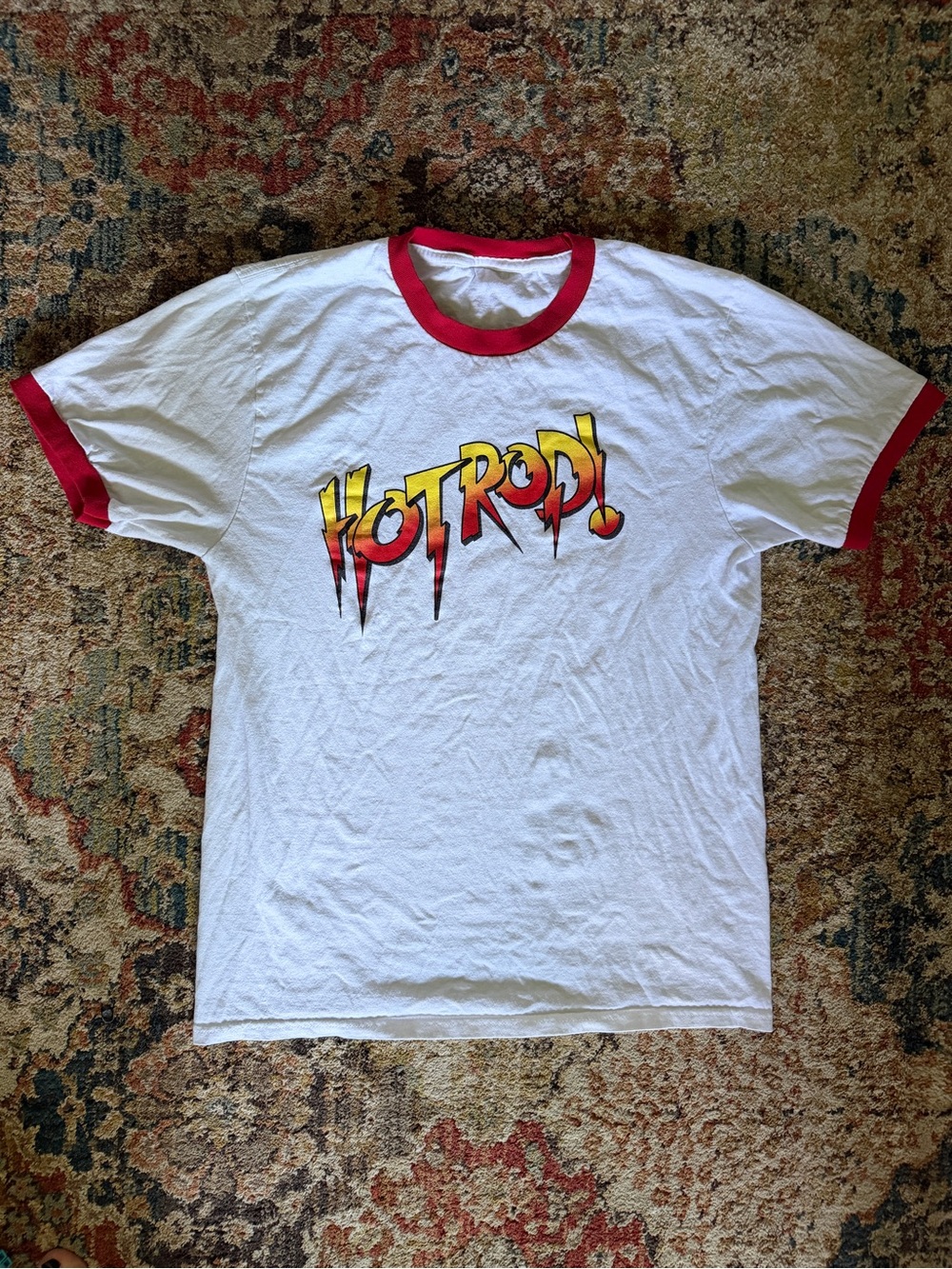 White Ringer Tee with Red Trim and 'Hot Rod' Graphic